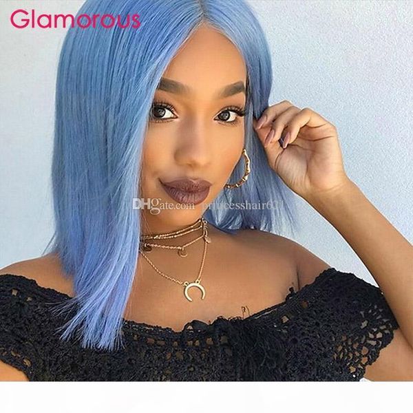 

blue bob human hair lace front wigs brazilian human hair pre-colored light blue straight 150% density bob wigs, Black;brown