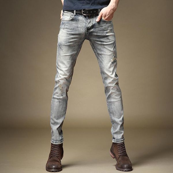 

men's jeans vintage distressed straight slim fit stretch pants streetwear ripped denim trousers, Blue