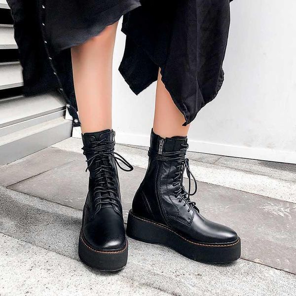 

boots lenkisen genuine leather round toe high heels cross-tied motorcycle waterproof thick bottom black color mid-calf l831