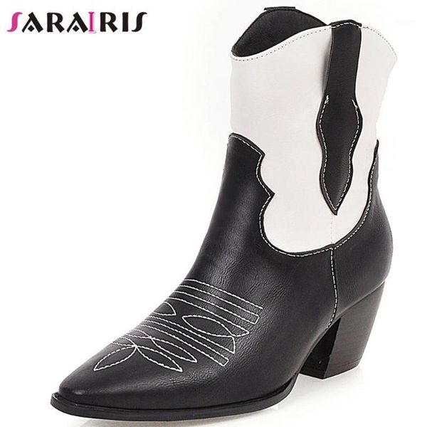 

boots sarairis female slip-on pointed toe ankle western high chunky heels women design sewing shoes woman1, Black