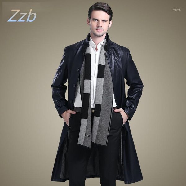 

stand collar suit collar long design leather clothing sheepskin overcoat male extra long leather trench coat man manteau de cuir1, Tan;black