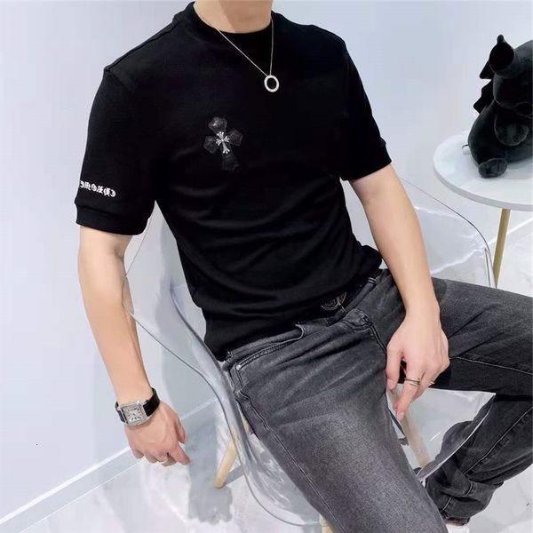 

chao brand ch crisin sanskrit кожаный крест ивной ногтей бархат с коротким рукавом футболка мужская круглая шея нижняя рубашка, Black