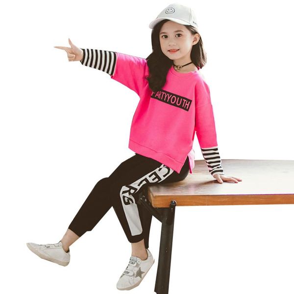 

girls clothes long sleeve striped sweatshirt + legging sports suit for girls 4 6 7 8 9 10 11 12 years old children clothing set, White