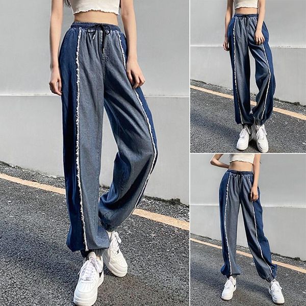 

women's fashion stitching color high waist tie wide loose feet jeans blue