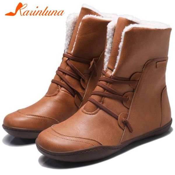 

boots arrival big size 43 women shoes flat with short plush winter warm lace-up ankel solid autumn, Black