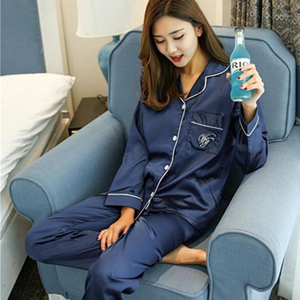 

cardigan pajamas women fake silk women sleep + long pants sets casual silk home clothing suit robe two piece home wear suit1, Black;red