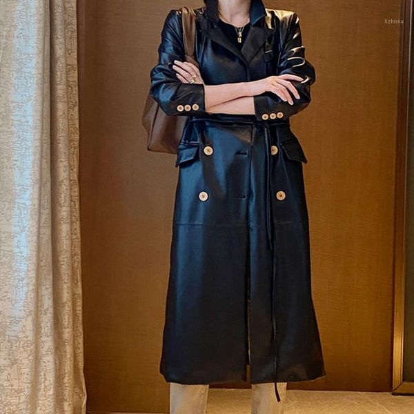 

imitation leather trench women double breasted mid-length windbreaker coat autumn1, Tan;black
