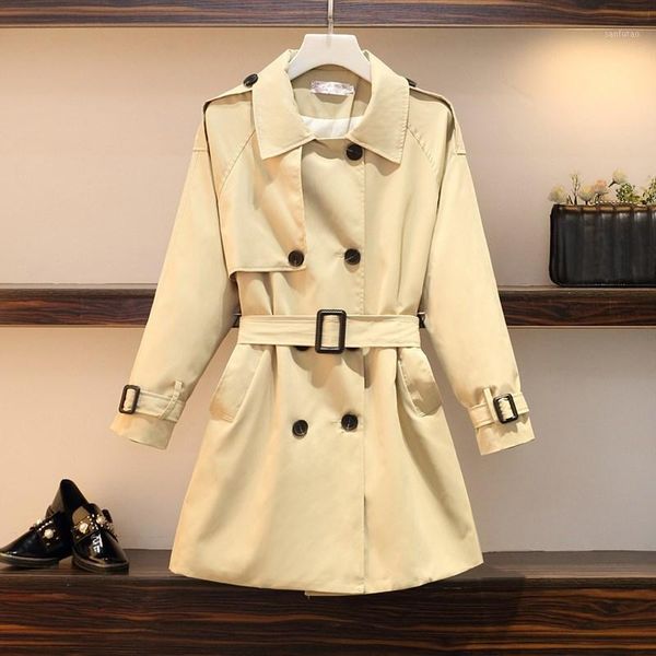 

2020 new fashion large size khaki trench coat with belt casual office ladies chic double breasted long trench outwear1, Tan;black