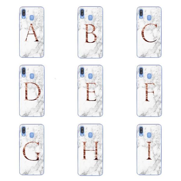 

3samsung galaxy case with letter mark, samsung galaxy case with letters a, b, c, d, white marble and soft tpu in a10, a20, a30, a40, a50,cf1