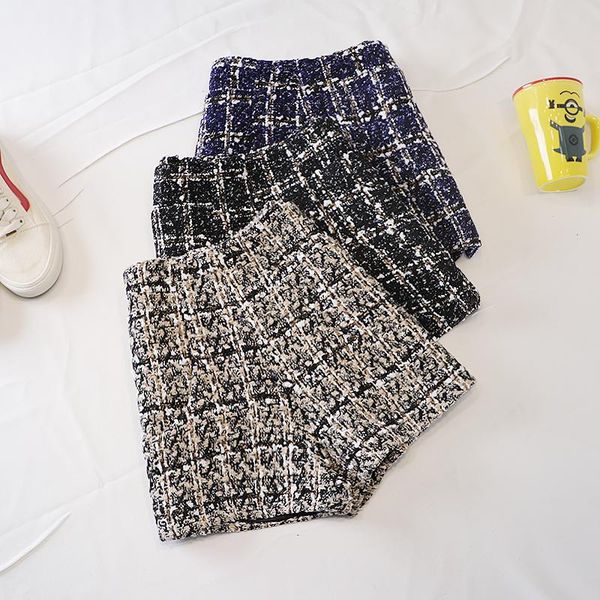 

women's shorts 2021 autumn tweed woolen women winter high waist wide leg plaid outwear suit plus size xxl booty, White;black