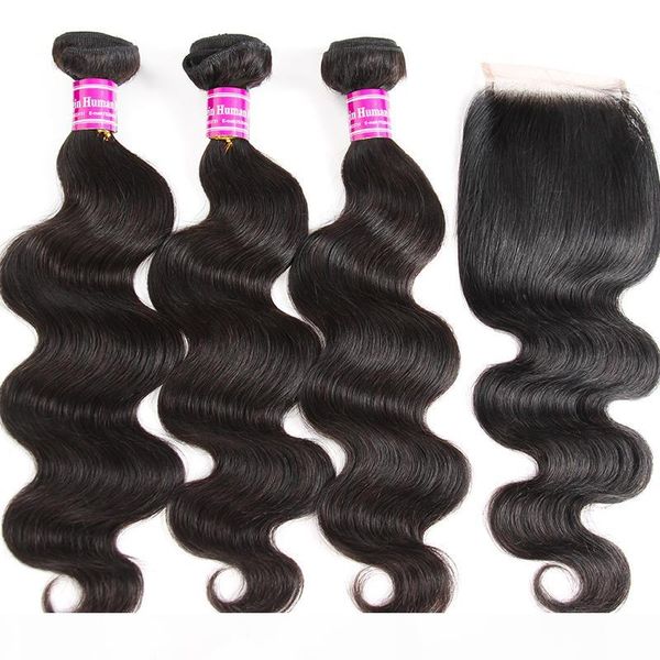 

10a malaysian virgin body wave hair weaves 3 bundles with closure human hair wefts with lace closure accessories extensions wholesale, Black;brown