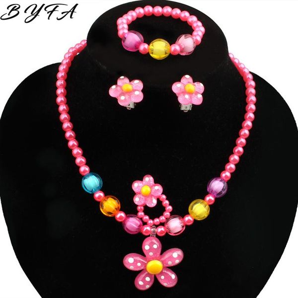 

New Girl's Acrylic Imitation Pearls Beaded Sun Flower Necklace Bracelet Rings Earrings Clip Jewelry Set Children Party Gifts, Silver