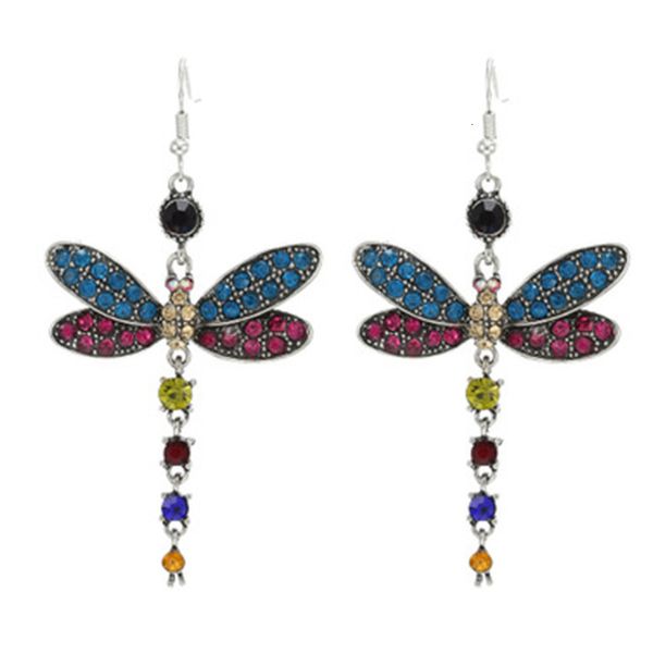 

multicolor women's long tassel ethnic dragonfly style diamond earrings, Silver