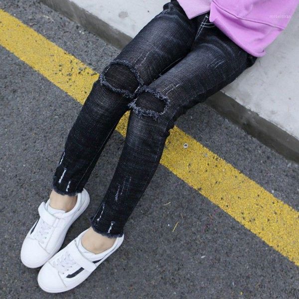 

2020 new spring autumn children girls casual ripped jeans elastic slim thin denim pants big kids girl jeans children clothes t771, Blue