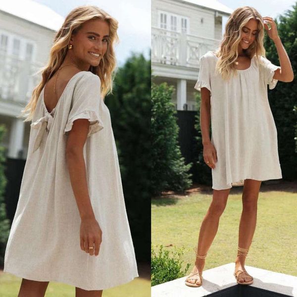 

shows back bandage 2020 thin and new sweet wind lotus leaf sleeve cotton linen dress, Black;gray