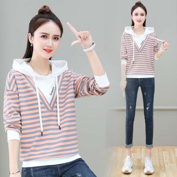 

striped sweater women's spring and autumn thin fall 2020 new loose korean hooded chic fashionable foreign style top, Black