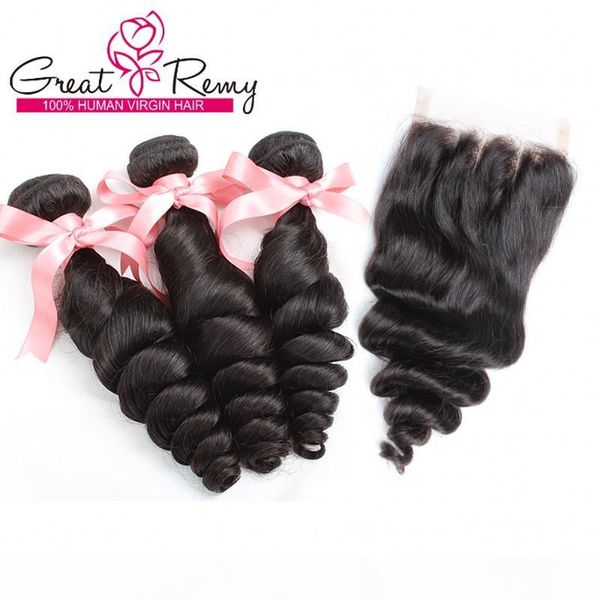 

natural color brazilian peruvian hair extensions loose wave 1pc 3 way part closure 4"x4" with 3bundles human hair weaves great, Black