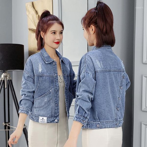 

korean short denim jacket woman ripped jeans overcoat ladies jean jackets turn down collar slim vintage jeans coats for women1, Black;brown
