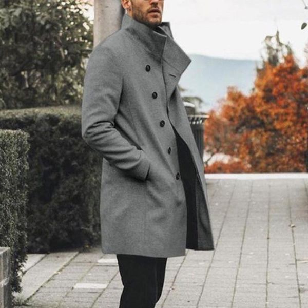 

fashion men winter long sleeve buttons trench jacket outwear warm overcoat1, Black