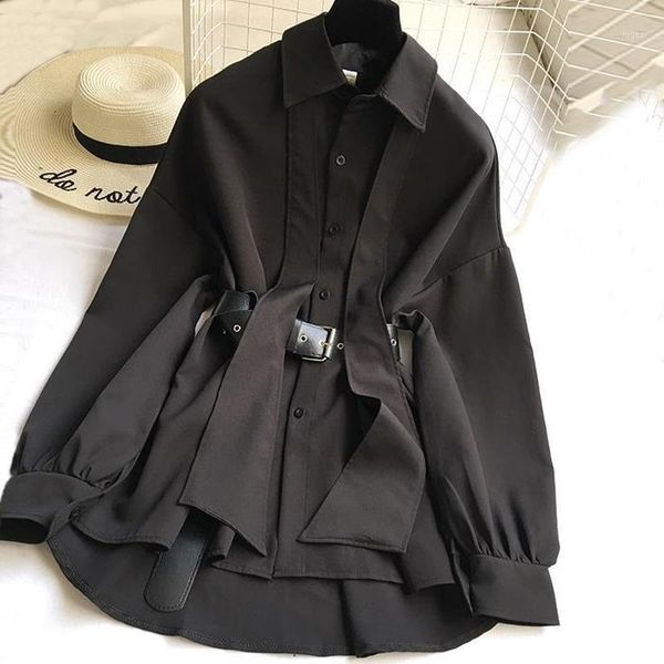 

qweek harajuku shirt dress women punk style long sleeve solid patchwork dress blazer casual button sashes high street dresses1, Black;gray