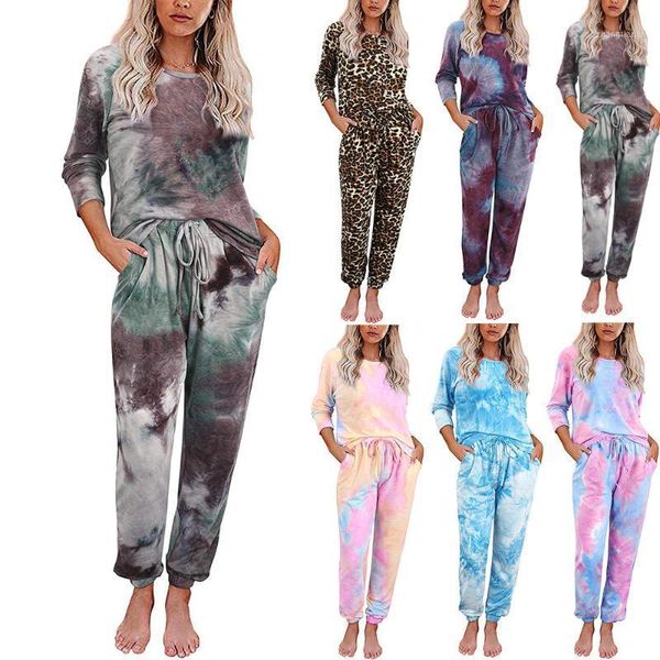 

women's autumn and winter tie dye printed two piece set long sleeve and trousers split pajamas tracksuit1, Gray