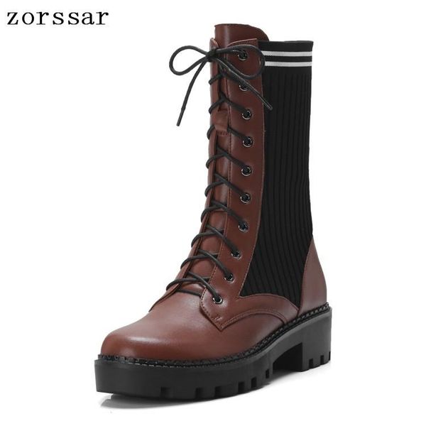 

zorssar} women platform short boots low heel genuine leather woman square heels mid calf boots winter female motorcycle, Black