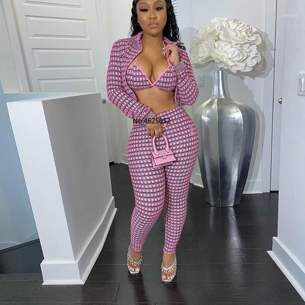 

plaid 3 piece sets women autumn zipper turtleneck jackets+bra+elastic pants matching sets female casual streetwear1, Gray