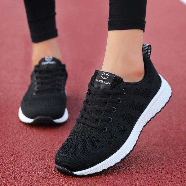 

2021 the new new women breathable fashion walking mesh lace up women's flat shoes white pink vx2k, Black