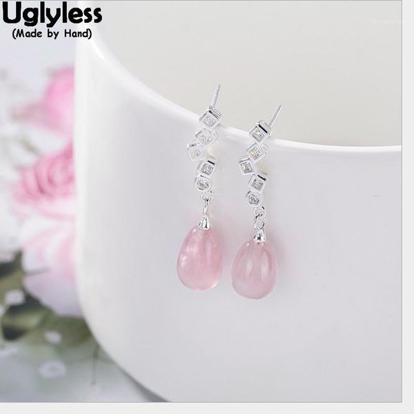 

uglyless 100% real 925 sterling silver handmade natural pink crystal earrings for women water drop gemstone fine jewelry brincos1