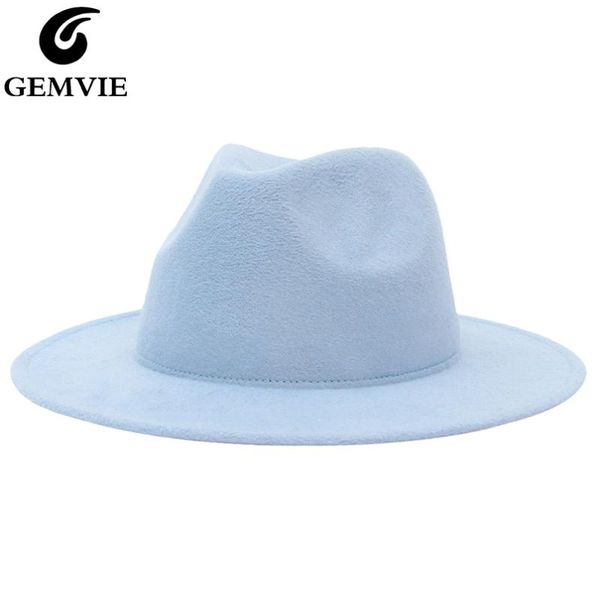 

gemvie new wide brim solid color fedora hat for women wool felt hat for men autumn winter panama gamble jazz cap, Blue;gray