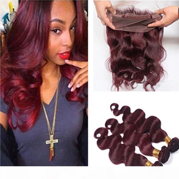 

brazilian body wave #99j wine red virgin human hair 3bundles with 360 frontal 22.5x4x2 burgundy 360 lace band closure with weaves, Black;brown