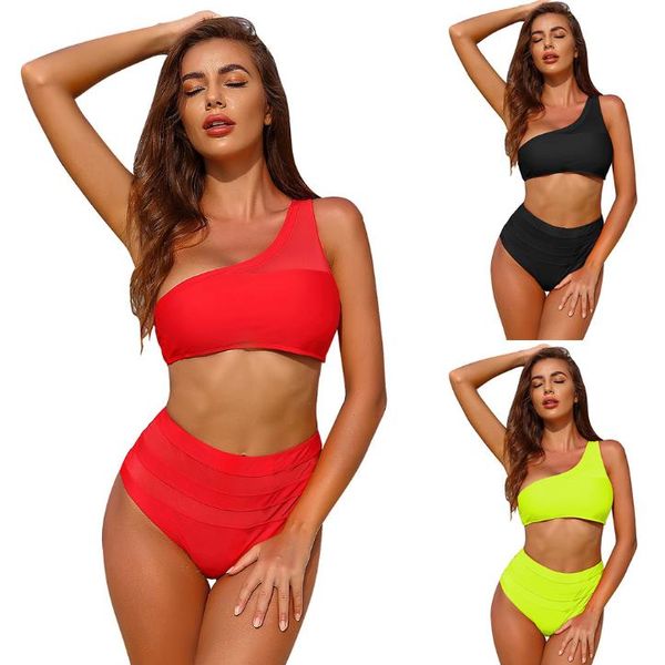 Sexy Mesh One Shoulder Bikini 2020 Costume da bagno Donna Costume da bagno Bikini a vita alta Set Nero Push up Costumi da bagno Donna Biquini Swim