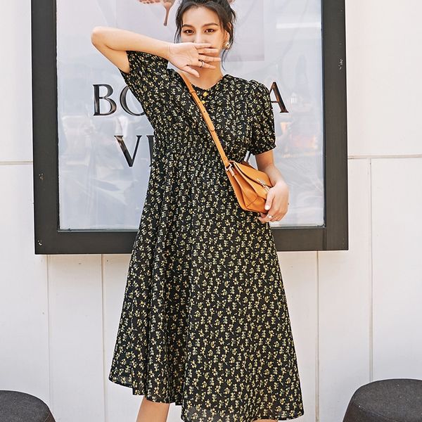 

fashionable daisy floral summer dress 2020 new korean loose women's dress with thin short sleeves eepee, Black;gray