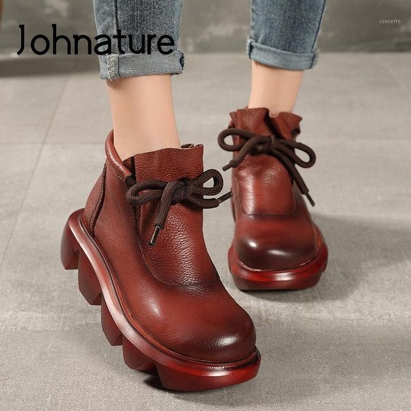 

johnature ankle platform boots genuine leather women shoes 2020 new round toe lace-up handmade concise retro casual women boots1, Black