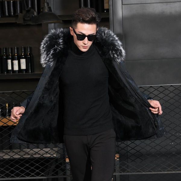 

men's leather & faux natural liner raccoon collar winter coat men real fur parka mens clothing casaco yc-002-m yy804, Black