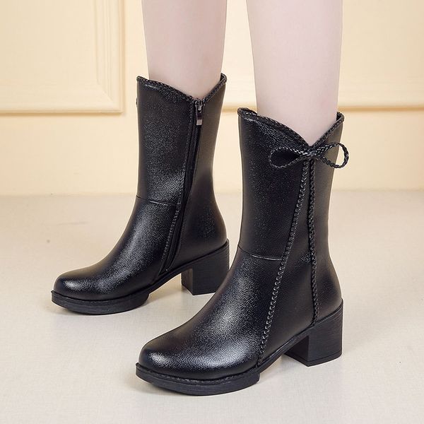 

boots women's style fashion with side zipper and bow tie, Black