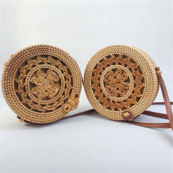 

summer new handmade woven shoulder bag bali boho round rattan bags for women retro beach crossbody bag bow straw hollow handbag