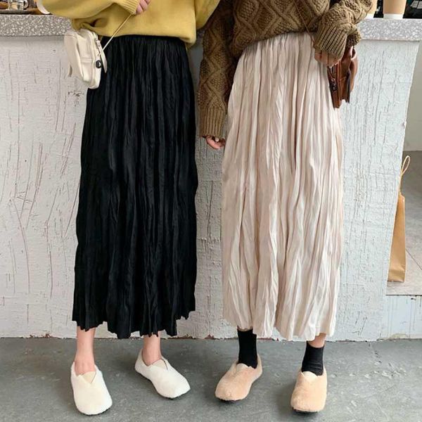 

skirts autumn high waist fashion solid color pleated skirt student midi skirt1, Black