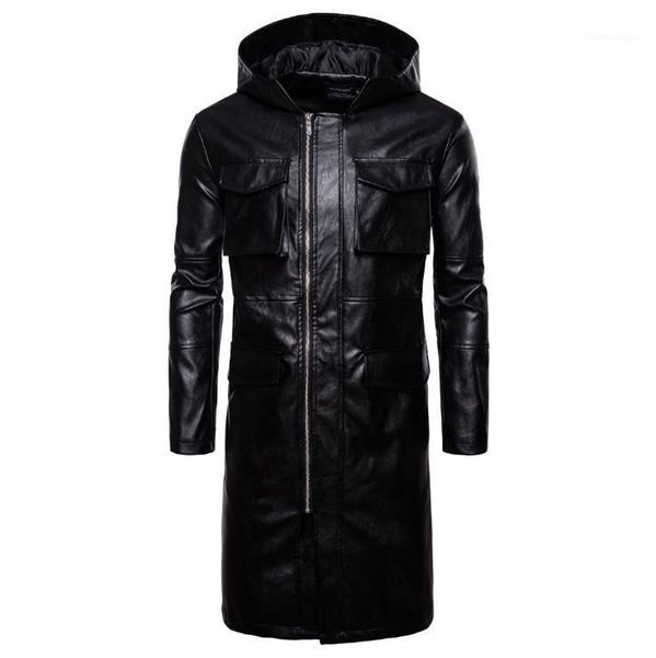 

men fashion hooded long windbreaker jacket england style pockets leather jackets male coat europe/us size leather jacket1, Black