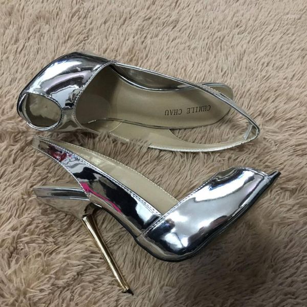 

silver patent pumps high heel bridals dress party women pumps summer peep toe sling back stiletto fish mouth 11cm heel1, Black