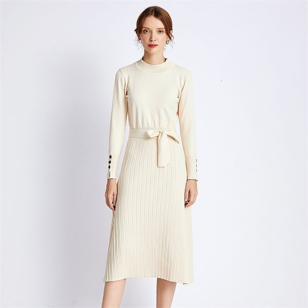 

2019 elegant long sleeve o-neck sweater women thick autumn winter female slim ol a-line pearl dress with belt ggse, White