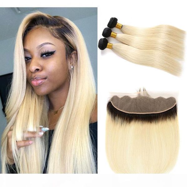 

1b 613 blonde human hair bundles with frontal straight ombre blonde brazilian virgin hair weaves with 13*4 lace frontal with baby hair, Black;brown