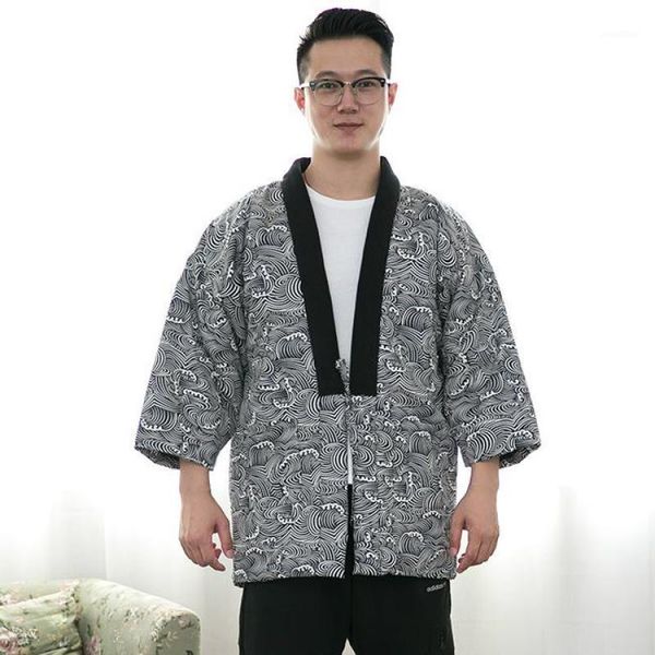 

winter keep warm men kimono print thick kimonos yukata haori clothing vintage cotton-padded cardigan jacket loose coat1, Red