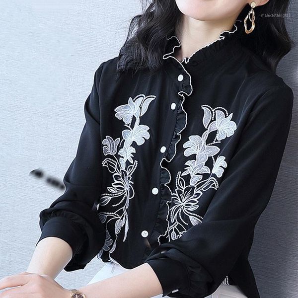 

women's blouses & shirts embroidered flowers lace black and white women shirt 2021 faux silk loose long-sleeved stand collar blouse cas