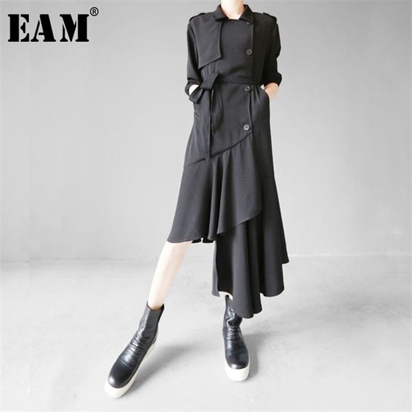 

eam] women black ruffles split irregular trench new lapel long sleeve loose fit windbreaker fashion spring autumn 2020 1z125 1031, Tan;black