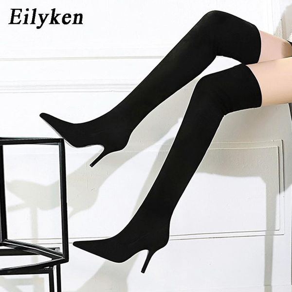 

eilyken new winter warm short plush thigh high shoes women over the knee boots fashion flock pointed toe stiletto heels, Black