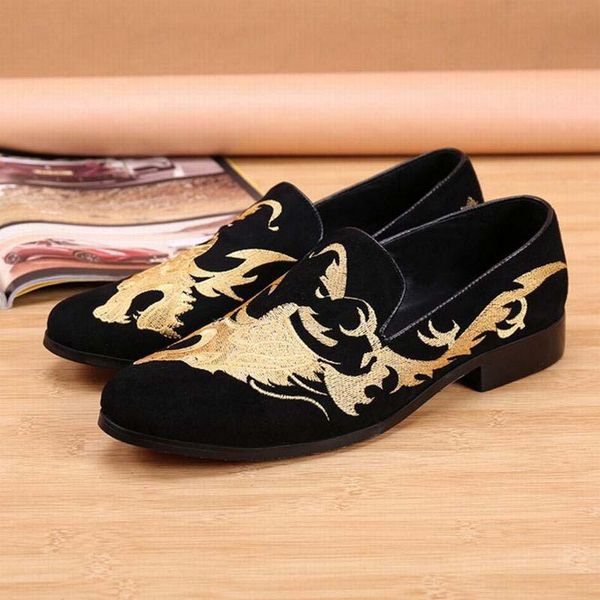 

new luxury black red suede men dress shoes club loafers man party wedding shoes gold embroidery male flats chaussure homme