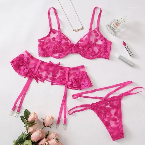 

bras sets three-piece lingerie suit underwear women set heart embroidery g-string thong temptation sleepwear1, Red;black