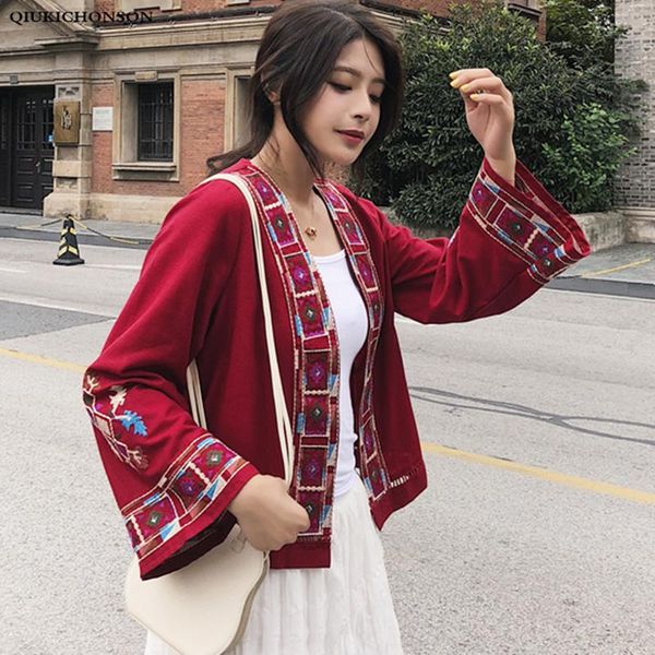 

kimono cardigan women autumn summer long flare sleeve vintage boho ethnic patterns embroidery v neck cotton ladies kg-218, White