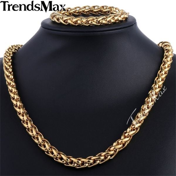 

trendsmax brand jewelry set 9.5mm gold-color wheat braided link stainless steel necklace bracelet mens girls chain fashion ks215 201222, Slivery;crystal